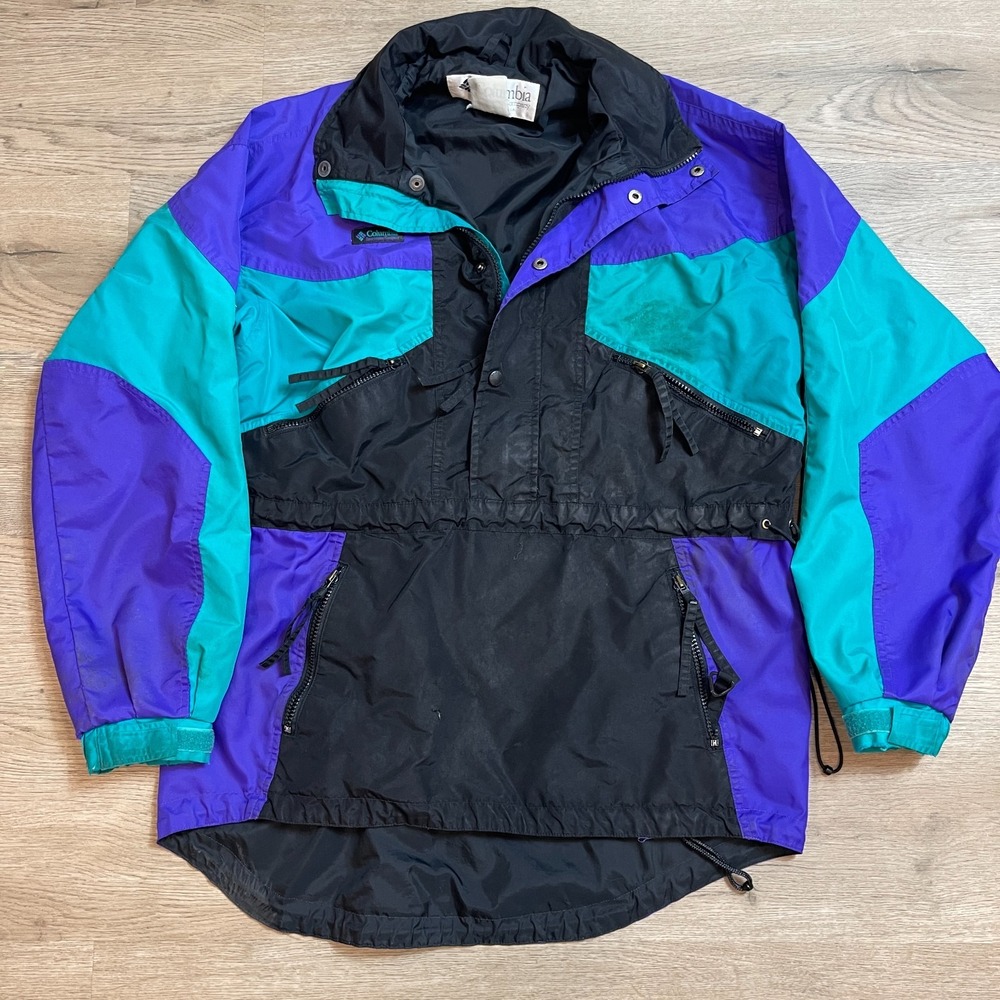 Vintage Columbia Anorak Jacket Mens L 90s Colorblock Ski Pullover Purple Teal